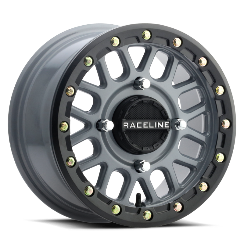 Raceline A93SG Podium 14x7in/4x137 BP/10mm Offset/110.18mm Bore - Grey & Black Ring Beadlock Wheel