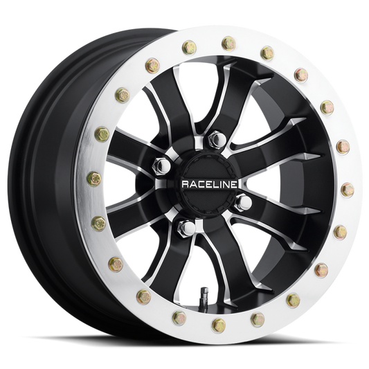 Raceline A71 Mamba 12x7in/4x156 BP/5mm Offset/132.5mm Bore - Black & Machined Ring Beadlock Wheel