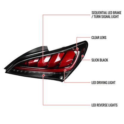 Spec D 2010-2016 Hyundai Genesis Coupe Red Bar Sequential LED Tail Lights (Jet Black Housing/Clear Lens)