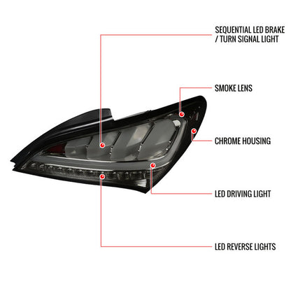 Spec D 2010-2016 Hyundai Genesis Coupe White Bar Sequential LED Tail Lights (Chrome Housing/Smoke Lens)