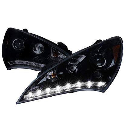 Spec D 2010-2012 Hyundai Genesis Coupe R8 Style LED Strip Projector Headlights (Glossy Black Housing/Smoke Lens)