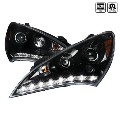 Spec D 2010-2012 Hyundai Genesis Coupe Projector Headlights w/ SMD LED Light Strip (Jet Black Housing/Clear Lens)