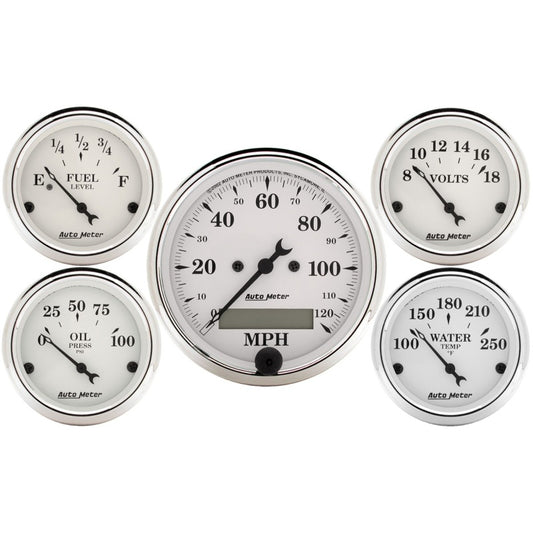 Autometer Old Tyme White 5 Piece Kit (Elec Speed/Elec Oil Press/Water Temp/Volt/Fuel Level) In-Dash