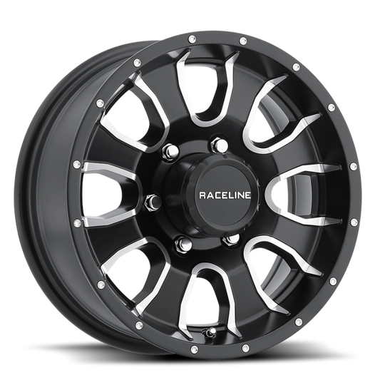 Raceline 860M Mamba 12x4in / 5x114.3 BP / 0mm Offset / 3.19mm Bore - Black & Machined Wheel