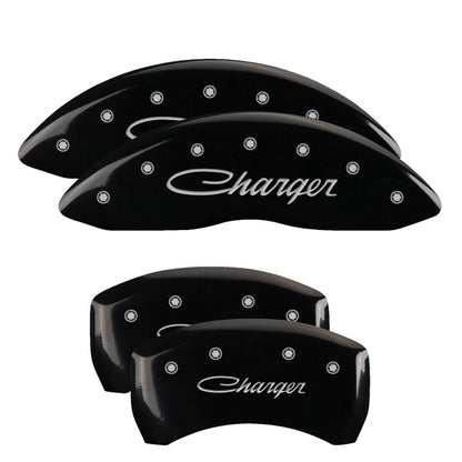 MGP 4 Caliper Covers Engraved Front & Rear Cursive/Charger Black finish silver ch