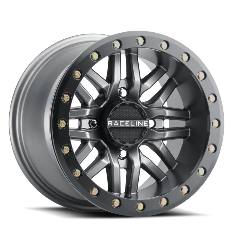 Raceline A91G Ryno 15x7in/4x137 BP/10mm Offset/110.18mm Bore - Gunmetal & Black Ring Beadlock Wheel