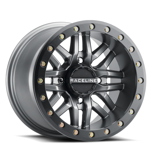 Raceline A91G Ryno 15x7in/4x137 BP/10mm Offset/110.18mm Bore - Gunmetal & Black Ring Beadlock Wheel